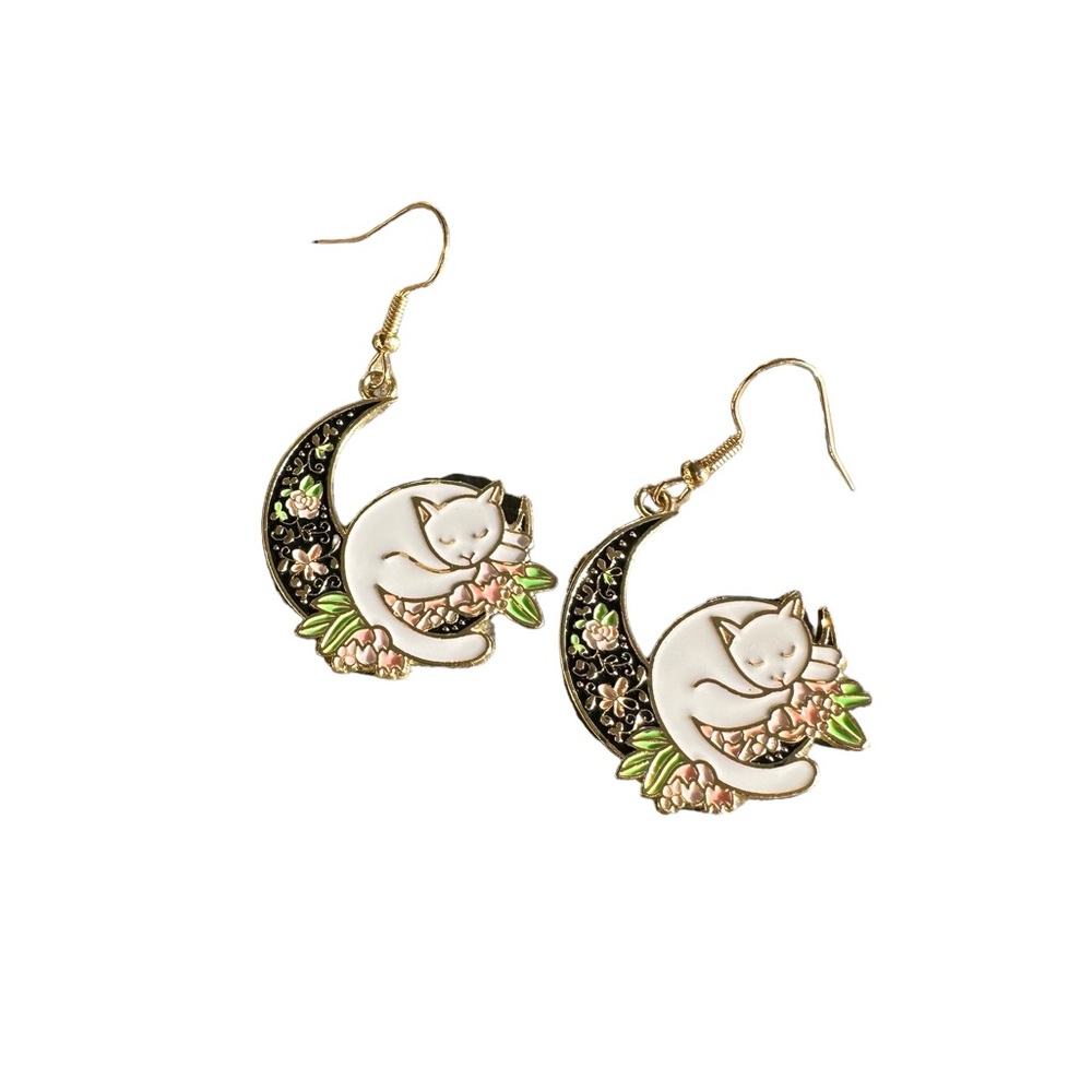 Sleeping Cat on a Colorful Moon Drop Style Earrings